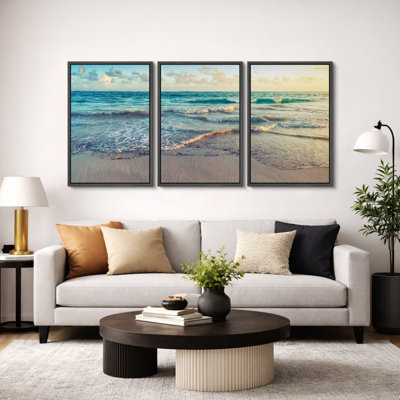 Coastal Beach "Sunrise On Ocean Waves Crashing Artwork, Soft Blue-Green Modern Beachy Decor Wall Pictures, Framed Canvas Giclée Print 3 Pieces Wall Art" 16"x24"x3 pcs, 24"x36"x3 pcs