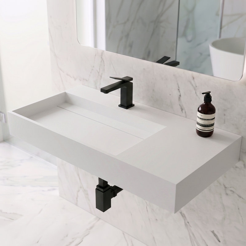 Juniper 36" Rectangular Wall Mounted Bathroom Sink with Left Basin and Counter Space - White, With Faucet Hole, Single, White