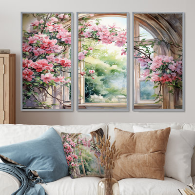 «Pink Blossoming Country Window Gaze IV», art mural floral