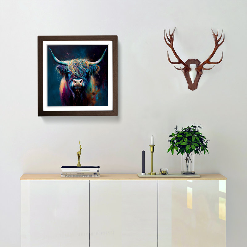 Highland Cow Abstract Expressionism - Single Picture Frame Print on Wood, Walnut