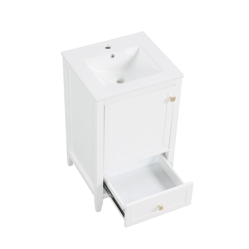 Rangement de salle de bain autoportant de 20 po avec lavabo en céramique, petit meuble-lavabo avec porte à fermeture en douceur, tiroir et support de rangement, idéal pour la salle d'eau