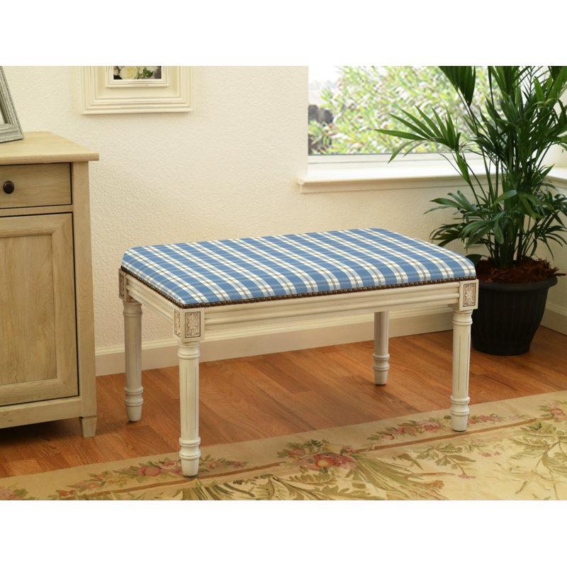 Billiot Linen Blend Upholstered Bench, Blue/White/Yellow/ Plaid