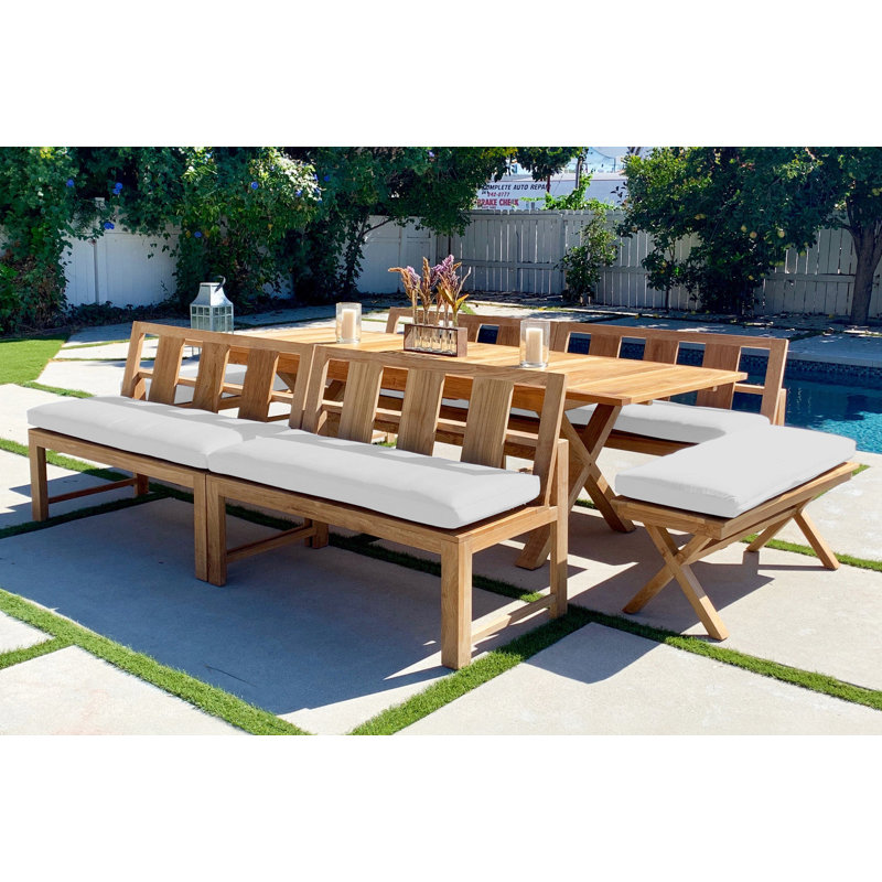 Burquez 10 - Person Teak Patio Dining Set with Extendable Rectangular Table , Sunbrella® Cushions Included, Natural