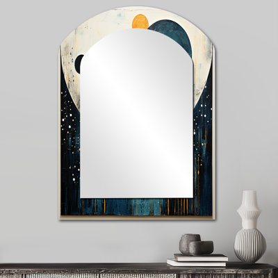 Teal Yellow Mid Century Minimalist Rain II - Teal Arch Wall Mirror Decor