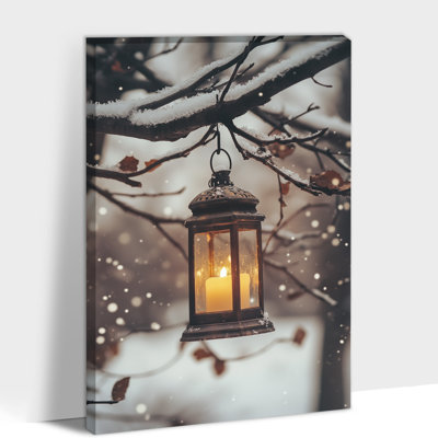 Grande lanterne d'hiver, art mural sur toile paysage enneigé, impressions de scène rétro de Noël en hiver, décoration murale de vacances rustique pour salon, bureau de chambre à coucher, 24 po x 36 po