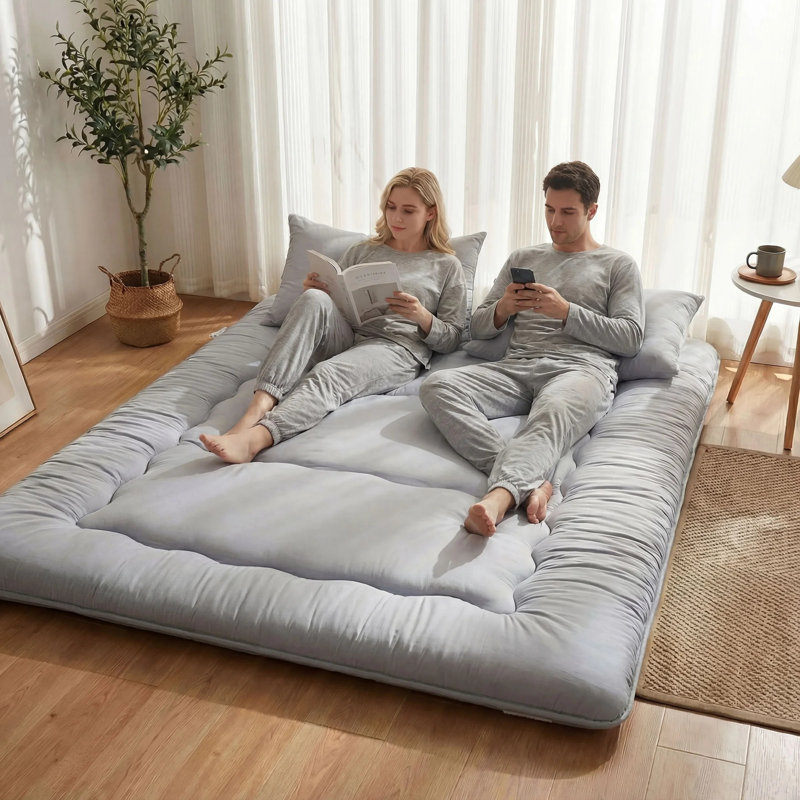 Matelas de sol futon, tapis de lit Tatami pliable avec housse lavable pour camping, invité, Lit double, Gris