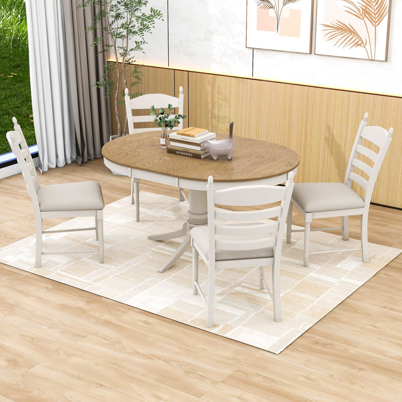Ensemble de salle à manger à piédestal 5 pièces Gracelinn, table de salle à manger extensible ronde en bois et 4 chaises rembourrées