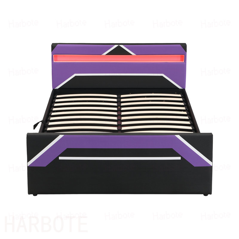 Grand lit de jeu avec tête de lit à DEL intégrée à 7 couleurs, lit plateforme avec rangement hydraulique, Noir / mauve