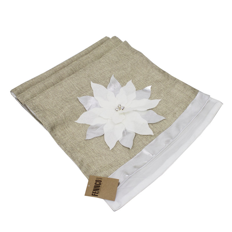 Elron Floral Christmas Table Runner, 120" x 16", White/Silver/Natural
