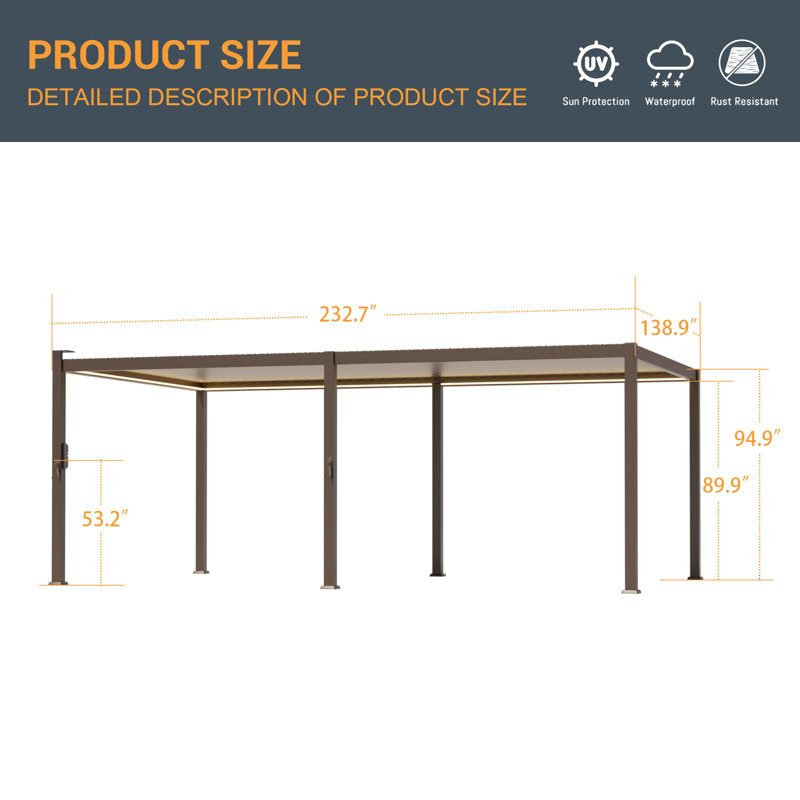 Solar Light Metal Pergola with Adjustable Louvers and Concealed Water Drainage System, 12 ft x 20 ft