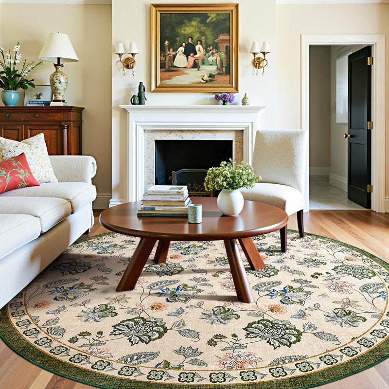 Chinoiserie Floral Rug Vintage Romance Design Washable Non-slip Green/Beige, Round 7', Green/Beige