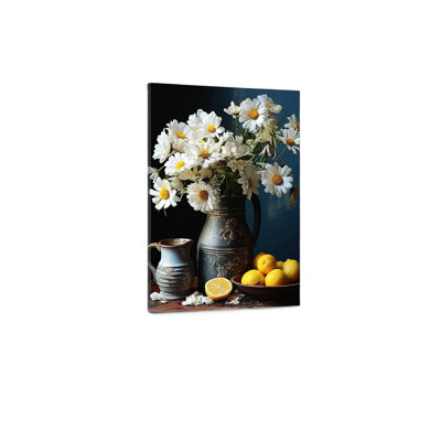 Marguerite blanche rétro dans un pot en cuivre avec impression sur toile citron, art mural de qualité supérieure pour le salon, 32 x 24 po