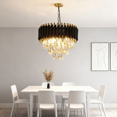 Modern Crystal Chandelier With K9 Crystals, 3-Tier Black And Gold Ceiling Light Fixture, 5-Light Pendant For Living Room Dining Room Bedroom Entryway