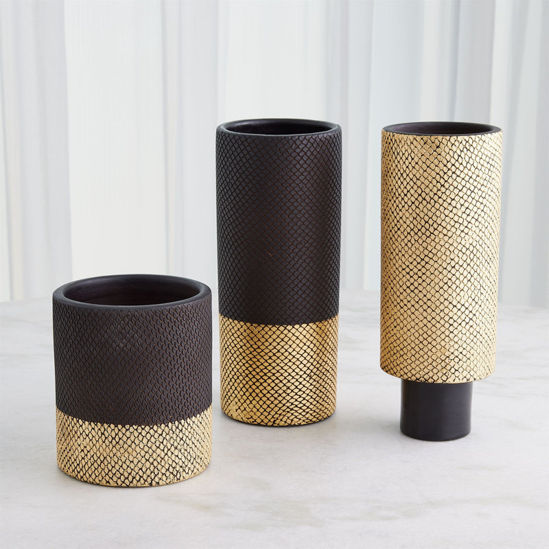 Java Footed Vase-Matte Black/Gold Metallic