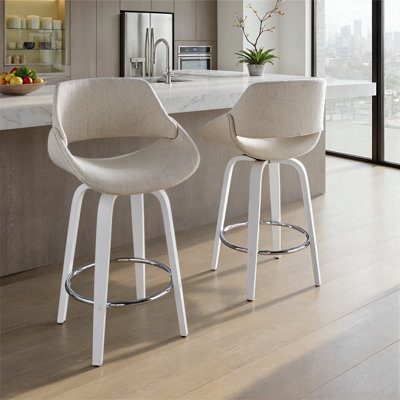 Tabouret de comptoir à hauteur fixe avec pivot en bois blanc et tissu gris anthracite avec repose-pieds rond chromé - ensemble de 2