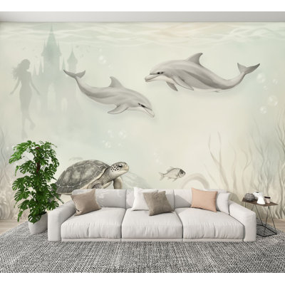 Papier peint adhésif à motif de dauphins sous-marins de style côtier avec tortue de mer, silhouette de sirène 100 po x l 144 po amovible, papier peint adhésif mural en PVC pour salle de bain, chambre à coucher, salon, chambre de bébé