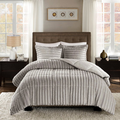 Fascinating King/ King Faux Fur Comforter - Gray, , Dreamy Tranquil Bedding Alluring Serene Sleep