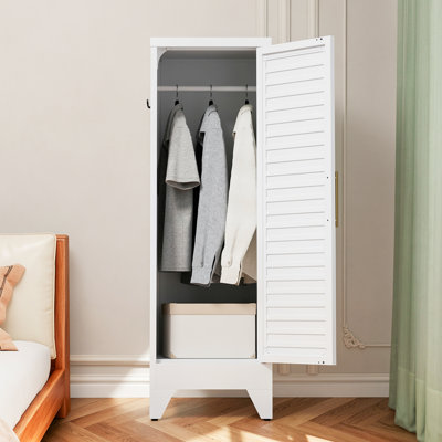 Single-Door Storage Closet 47.2"H x 17.7"W x 15"D Metal 1-Piece Slim Wardrobe White with Louvered Door and Hanging Rail