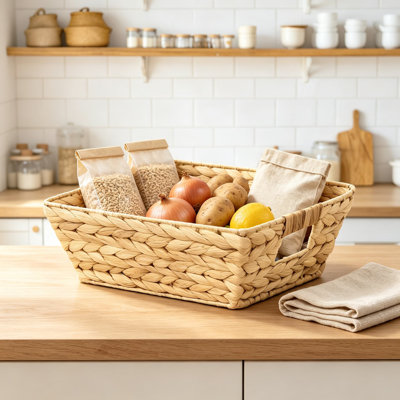 Water Hyacinth Wicker Storage Baskets, Handwoven Trapezoid Organizer Bins with Built-in Handles, Natural Eco-Friendly Woven Basket Set for Bathroom, Pantry, Towels, Toiletries, and Home Decor
