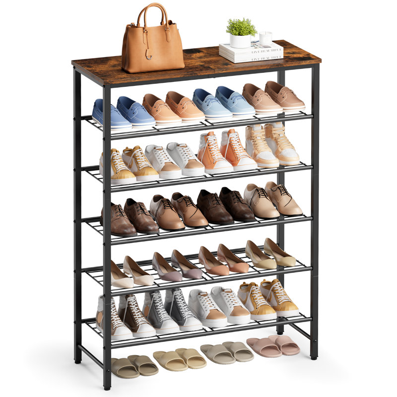 Shoe Rack Metal and Wood Design Space Saving Large Capacity Organizer for Closet Entryway Bedroom Living Room,  37.6" H x 29.5" W x 11.4" D, Brown