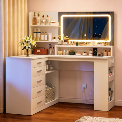 L-Makeup Vanity Table with LED Light Mirror & Power Outlet, Corner Makeup Vanity Desk with 5 Drawers & 4 Open Storage Shelves, for Bedroom, White