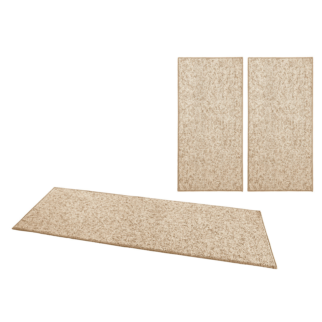 Wolly Teppich Bettumrandung 3-Teilig - Bettvorleger Bettläufer Kurzflor Woll-Optik - Beige Braun