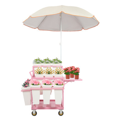 Metal Garden Cart Plant Stand Withwith 18Pcs Buckets And Parasols(Pink,White)