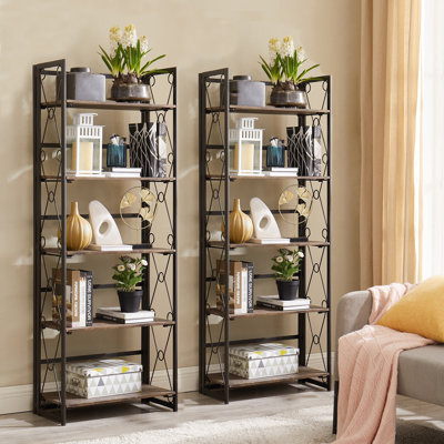 Etagere Set of 2 Bookcase, No Assembly Folding Bookshelf Set of 2, Collapsible Bookcase with Removable Shelves, 5-Tier Foldable Standing Racks for Bedroom, Living Room, Home Office