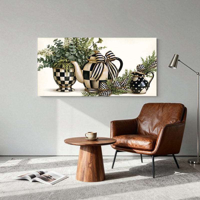 Pichet à thé à carreaux noirs et blancs avec bordure dorée et toile murale, L 20 po x H 10 po