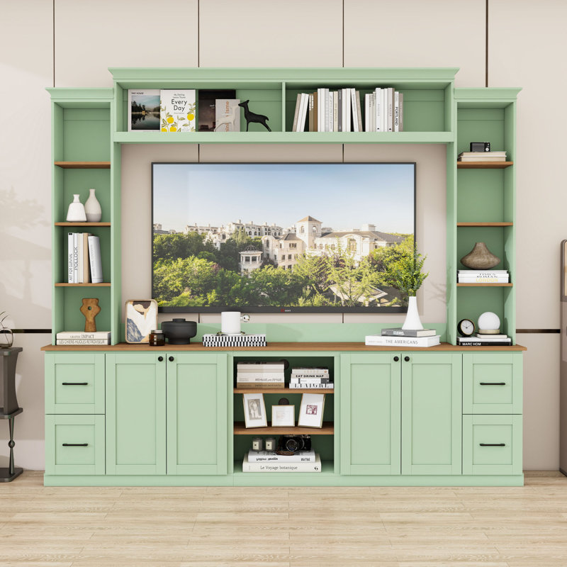 Meuble audio-vidéo avec 4 tiroirs, 2 armoires, tablettes réglables et système de gestion des câbles, Vert menthe