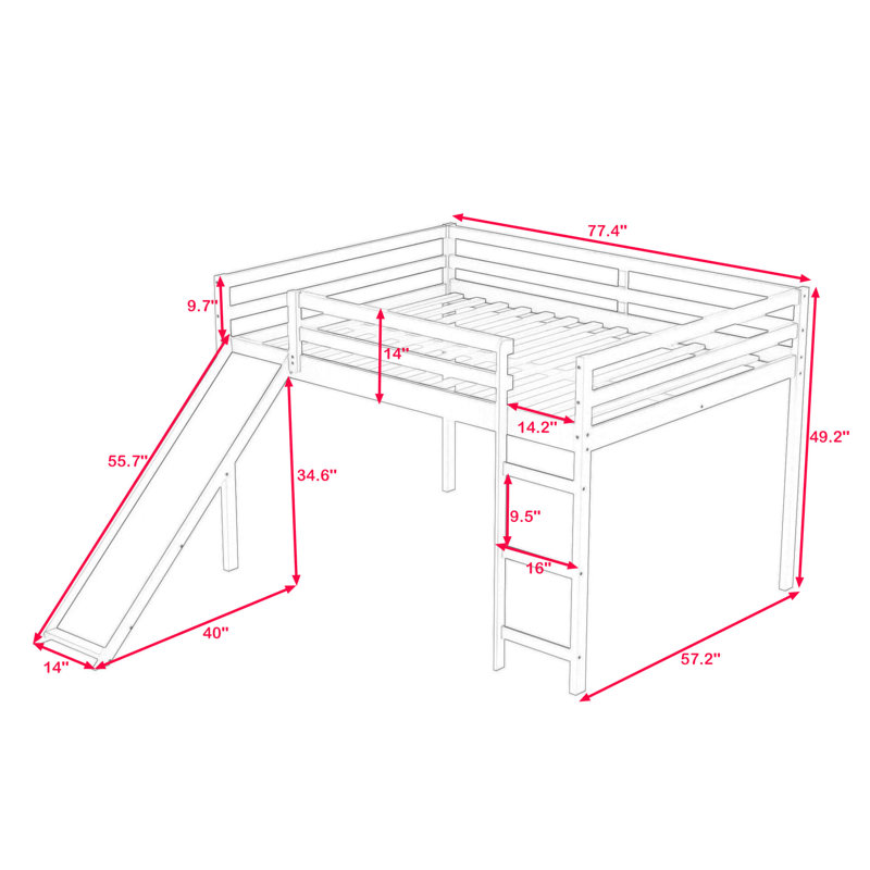Twin Wood Loft Bed With Slide & Ladder, Gray, Full