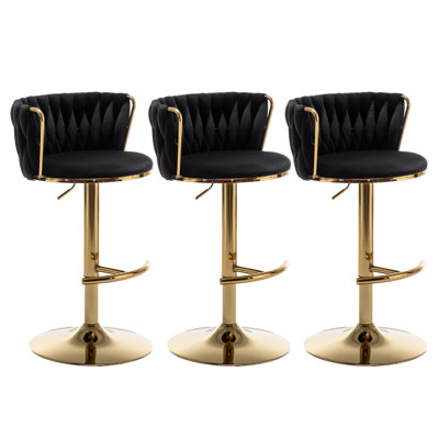 Velvet Bar Stools Set Of 3, Counter Height Bar Chairs With Low Back, Gold Swivel Bar Stools For Kitchen Island, Bar Pub