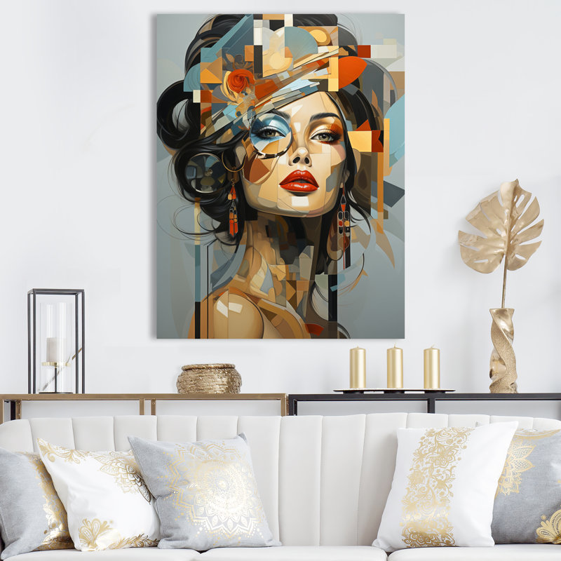 «Glam Harmonious Cubist Woman Portrait I», art mural sur toile tendance, Toile tendue, H 44 po x l 34 po, Sans cadre