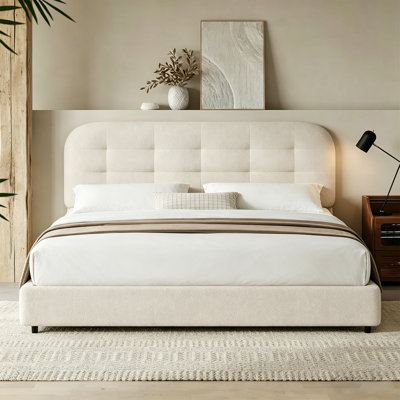 Boucle Upholstered Platform Bed with Headboard, Cloud Bed Frame, Soft Rounded Corners