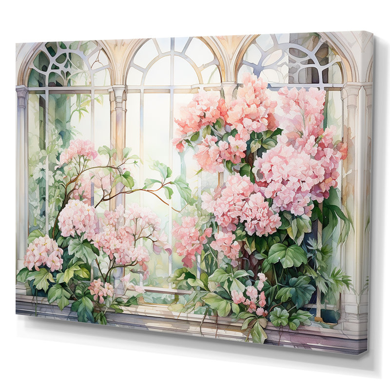 «Pink Blossoming Country Window Gaze III», art mural grande fenêtre, Toile tendue, H 24 po x l 32 po x P 1 po