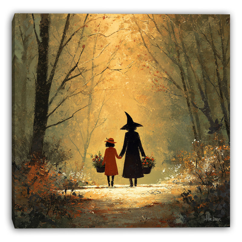 «Autumn Stroll with Little Witch», art mural sur toile tendue, H 30 po x l 30 po