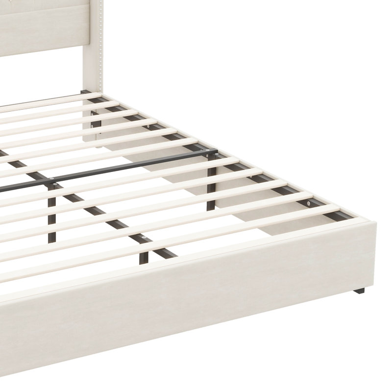 Structure de lit grand format en velours doux capitonné, équipé d'une clé USB et d'une veilleuse, lit plateforme à oreilles avec tablette de tête de lit intégrée