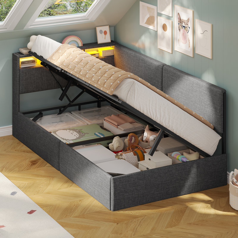 Upholstered Daybed with Charging Station & Hydraulic Storage, Corner Bed with LED Headboard, Single (3'), Dark Gray