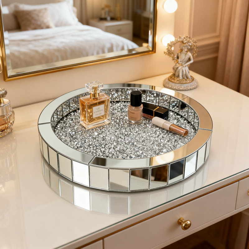 Decorative Crushed Diamond Tray Round Glass Silver Mirrored Tray Organizer