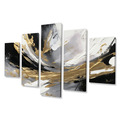 Golden River Wildness abstrait doré et noir II - art mural abstrait salon - 5 panneaux