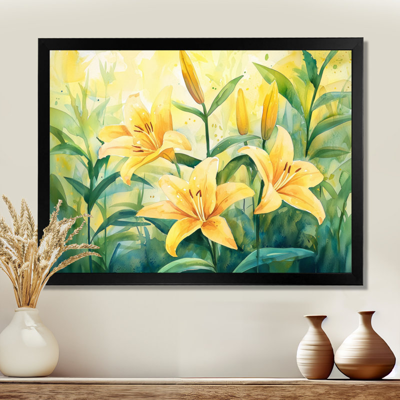 «Yellow Lillies Gardens In Meadow I», impression murale lys, H 12 po x l 20 po, Noir