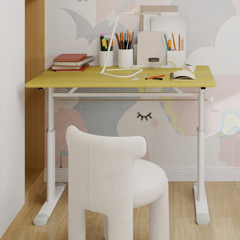Bureau d'étude réglable avec mécanisme manuel, couleur principale bois, support à double colonne, stable pour la maison et le bureau