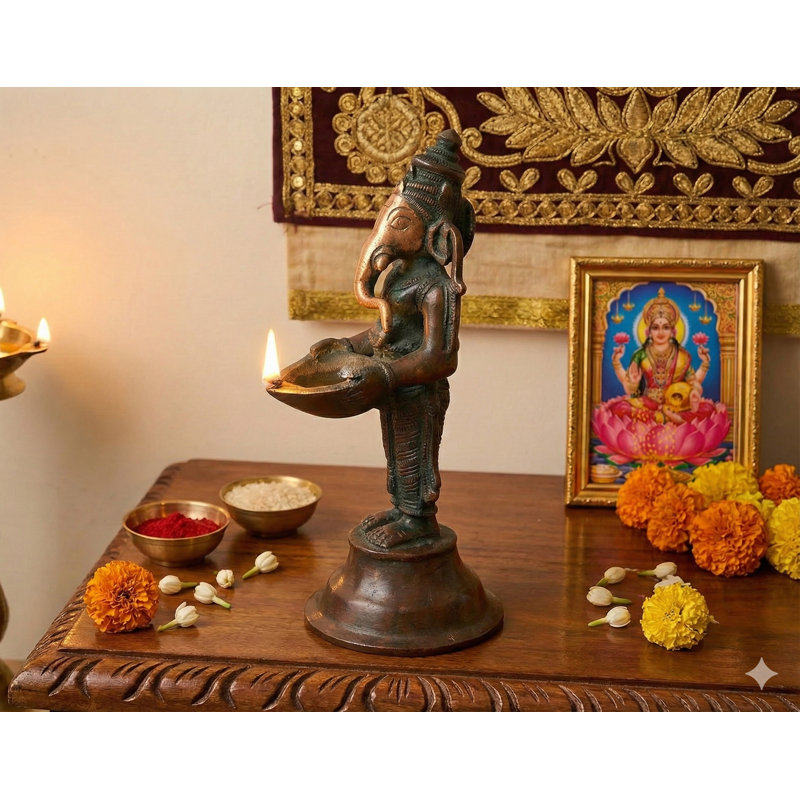 5" Handmade Brass Ganesha Oil Lamp Auspicious Standing Figure Indian Home Decor Lighting, Double chola