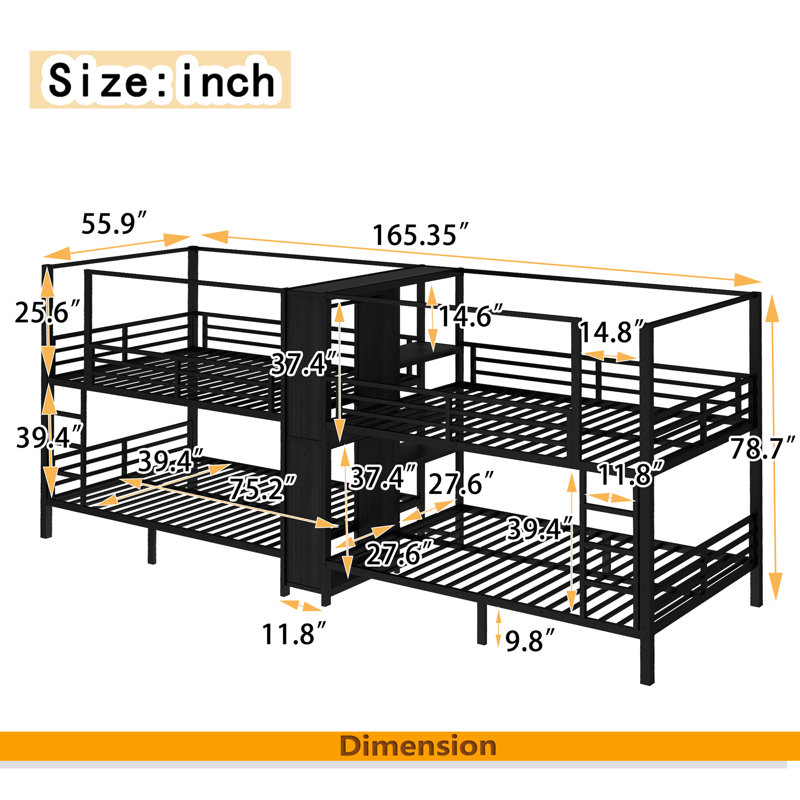 Lit superposé en métal quadruple, lit superposé en métal quadruple avec tablettes de rangement intégrées et garde-robe, structure en métal robuste avec conception à réduction de bruit
