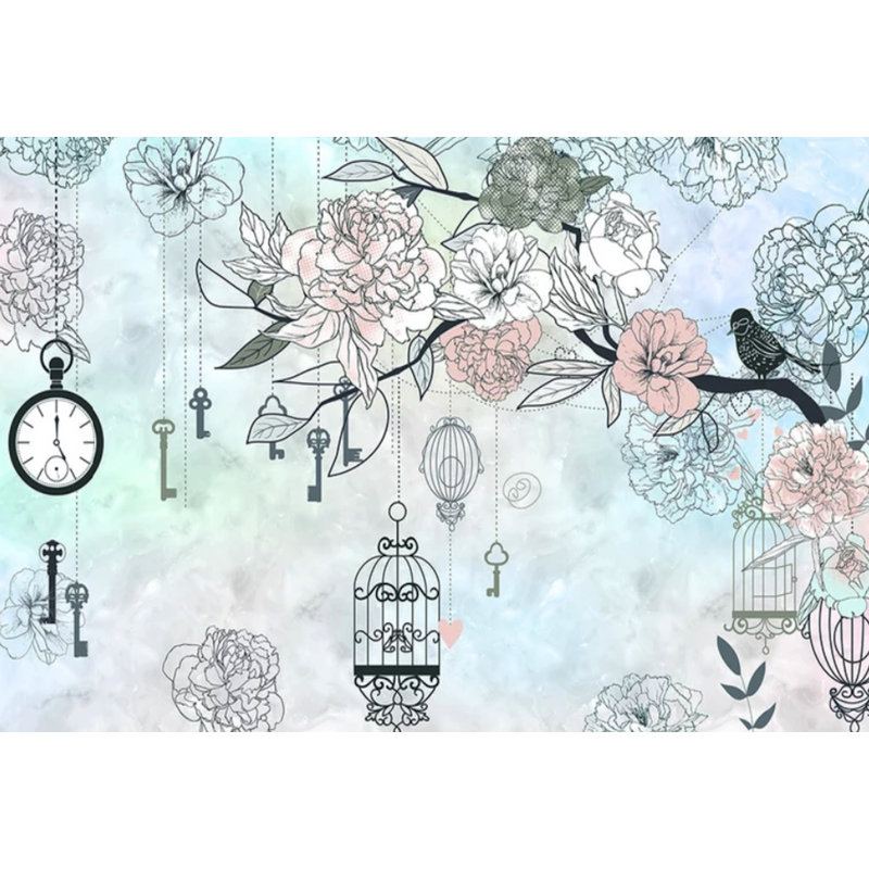 Adhésif mural fleurs, clés, cages, oiseaux, l 75 po x L 49 po
