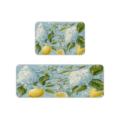 Tapis de cuisine hydrangée et citron pour hall d'entrée, ensemble de 2 pièces, bleu, jaune, vert