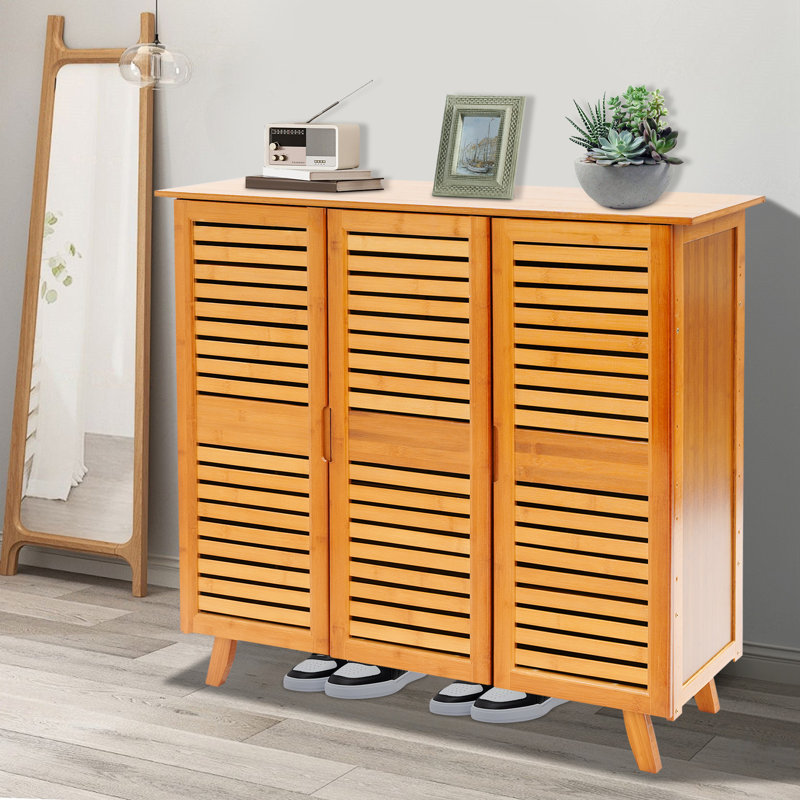 Armoire à chaussures à 5 niveaux en bambou avec portes à lattes, rangement pour vestibule moderne