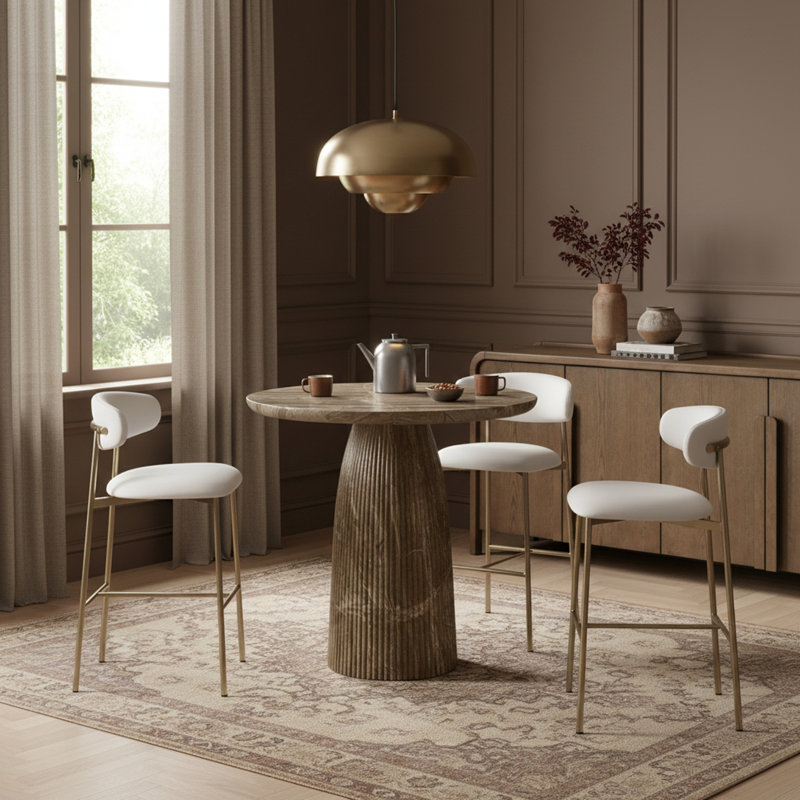 Tabouret de bar rembourré en cuir Lupita, Doré, Cuir végétalien blanc
