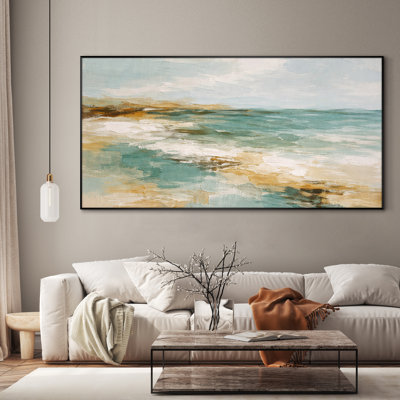 Très grande reproduction d'art sur toile - Paysage marin abstrait bleu sarcelle avec sable et ciel pour le salon - "Assemblage requis du cadre (cadre non fini)"