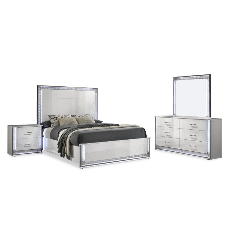 Divala 4-Piece Bedroom Set With Led, 4 Pcs: Bed, Nightstand, Dresser, Mirror, Queen